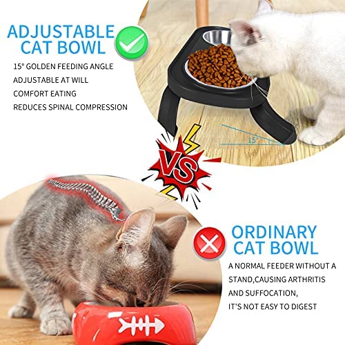 Elevated Dog Cat Bowls Stainless Steel Bowls, Adjustable Stand Raised Pet Feeding Bowl for Cats and Small Dog, Self-Setting Cat Food Bowl with 15° Tilted Elevated Food Feeding Bowl Set (Black) - Image 3