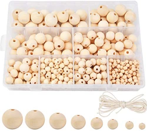 485 PCS Round Wooden Beads, 8 Sizes Natural Wood Beads Set, Natural Beads with Storage Box for Handmade Jewelry Bracelet Necklace(6/8/10/12/14/16/18/20mm)
