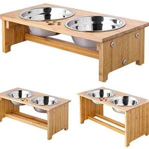 FOREYY Raised Dog Bowls for Cats and Dogs - Bamboo Elevated Dog Cat Food and Water Bowls Stands Feeder Dishes with 2 Stainless Steel Bowls and Anti Slip Feet (Small - 10 cm high)