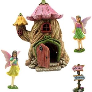 PRETMANNS Fairy Garden Accessories Outdoor – Fairy House & Miniature Fairy Figurine Ornaments – Angel Figurines & Fairy Sign - Garden Fairy House is 18 cm High & Door can open wide - 4 Pieces
