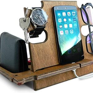 Wooden Docking station, Smartphone Stand - Desk Organizer, Nightstand Holder, Teak Color