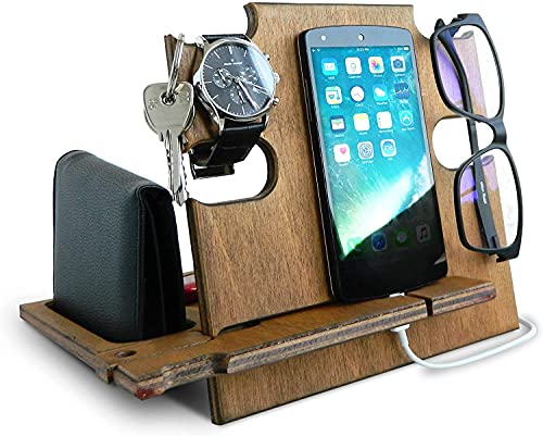 Wooden Docking station, Smartphone Stand - Desk Organizer, Nightstand Holder, Teak Color