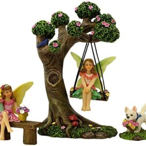 PRETMANNS Fairy Garden Fairies Accessories – Fairy Tree Swing Kit with Fairy Figurines for a Miniature Garden – 2 Fairys for a Fairy Garden and a Dog Figurine - 4 Piece Set