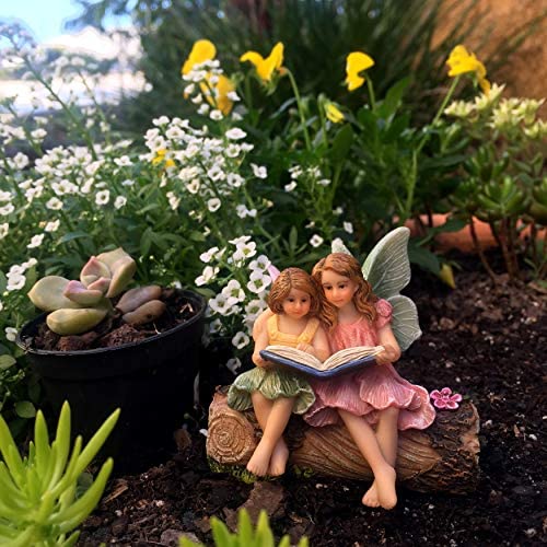 PRETMANNS Fairy Garden Fairies – 2 Sister Fairy Figurines sitting on a Stump Reading a Book – 1 piece – Fairy Garden Supplies - Image 3