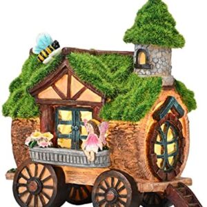 TERESA'S COLLECTIONS Flocked Carrige Fairy House for Garden Ornament Outdoor with Solar Powered Light, Waterproof Resin Cottage Garden Statue Figurine for Patio Lawn Yard Decoration, 8.3inch/21cm