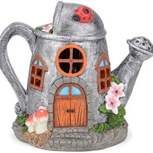 Ossian Fairy Garden Watering Can House – Hand Painted Decorative Solar Powered Rechargeable Outdoor Rechargeable Warm LED Lamp Light for Table Patio Balcony Path with Auto On Off at Dawn and Dusk