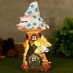 Solar Fairy House Garden Statue with Butterfly and Blue Daisies Ornaments Christmas Outdoor Garden Waterproof Light Figurine Decor for Patio Lawn Yard Outdoor Home Garden Decoration