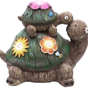 TERESA'S COLLECTIONS Tortoise Mother and Baby Garden Ornaments Outdoor with Solar Led Lights, Waterproof Resin Turtle Garden Statue Figurines for Patio Lawn Yard Decorations, 17cm