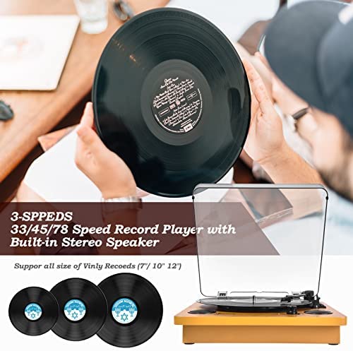 Record Player, VQSLY Bluetooth Portable Vinyl Turntable Digital Encoder Built-in Stereo Loudspeaker and Belt Drive,Aux-In,RCA,3 speed 33/45/78 RPM - Natural Wood - Image 5