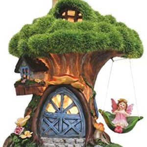 TERESA'S COLLECTIONS Flocked Fairy House Solar Garden Ornaments Outdoor, Cottage Fairy Garden Statues and Figurines for Garden Gifts, 7.7inch/19.5cm