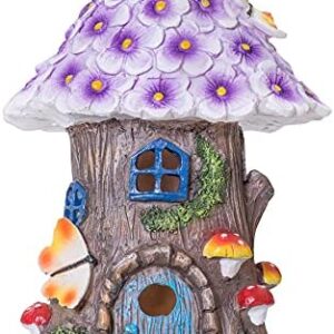 GloBrite Fairy Dwelling House with Solar LED Light - Resin Garden Decor with Flowers, Mushrooms, Butterflies, Statue Sculpture Christmas Ornament for Outdoor Yard Lawn Patio