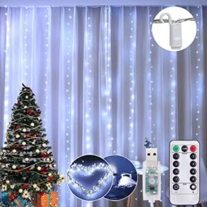 Curtain Lights 8 Modes Remote Control, 300 LEDs Window Fairy String Lights USB Operated, 3mx3m Waterproof Hanging Lights with Hooks, Durable Copper Xmas Lights for Outdoor Indoor Bedroom Party Decor