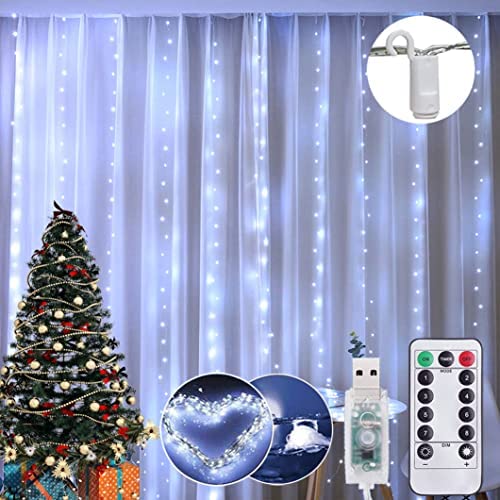 Curtain Lights 8 Modes Remote Control, 300 LEDs Window Fairy String Lights USB Operated, 3mx3m Waterproof Hanging Lights with Hooks, Durable Copper Xmas Lights for Outdoor Indoor Bedroom Party Decor
