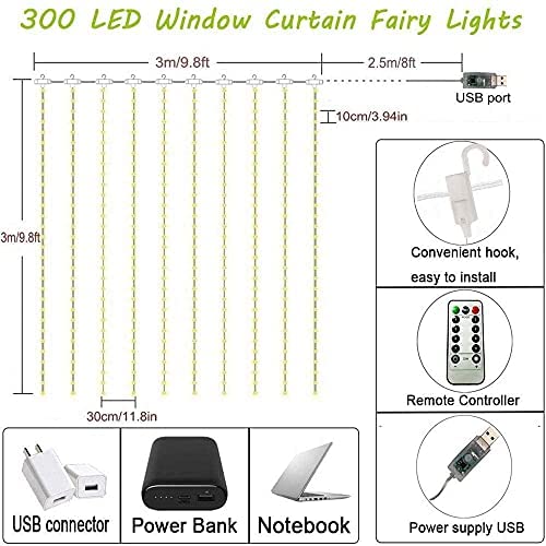 FANSIR 300 LED Curtain String Lights, Upgraded USB Window Fairy Lights 3mx3m 8 Modes Remote Timer Fairy Light Waterproof Copper String Lights for Outdoor Indoor Wedding Bedroom Decoration (Warm White) - Image 4