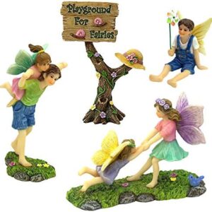 PRETMANNS Fairy Garden Accessories Kit – A Joyful Fairy Playground Set with Girl Fairies and Boy Fairies and a Cute Fairy Garden Sign – Fairy Garden Supplies 4 Pieces
