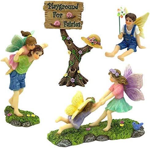 PRETMANNS Fairy Garden Accessories Kit – A Joyful Fairy Playground Set with Girl Fairies and Boy Fairies and a Cute Fairy Garden Sign – Fairy Garden Supplies 4 Pieces