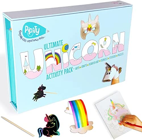 Pipity Unicorn Arts and Crafts Set | Gifts for girls age 5,6,7,8,9+ | Paper Craft, Stickers, Colouring, Stencils, Scratch Art, Games and Puzzle Activity Kits for Kids