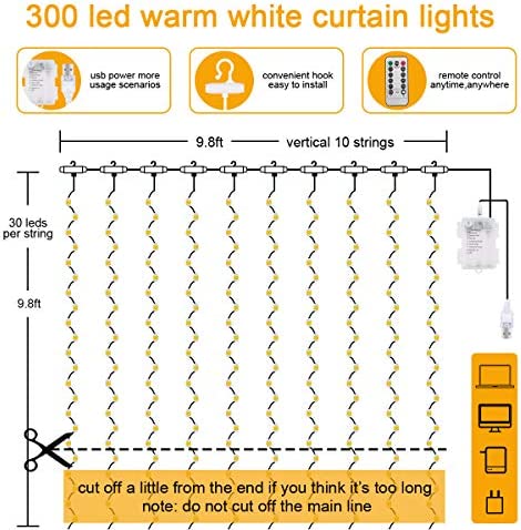 Vicloon Curtain Fairy Lights, 300 LED Warm White Curtain Lights, 3m 8 Mode Waterproof Window String Lights USB & Battery Powered with Remote Control Timer for Outdoor Indoor Party Bedroom Decoration - Image 3