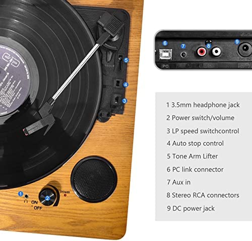 Record Player, VQSLY Bluetooth Portable Vinyl Turntable Digital Encoder Built-in Stereo Loudspeaker and Belt Drive,Aux-In,RCA,3 speed 33/45/78 RPM - Natural Wood - Image 2