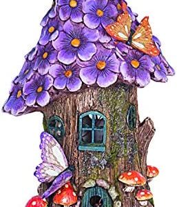 Solar Powered Illuminated Fairy House/Dwelling Garden Ornament in a Tree Trunk with Purple Flowers and Butterfly …