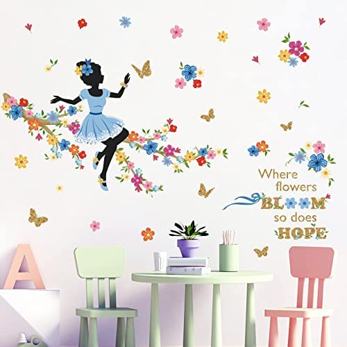 decalmile Flower Fairy on The Tree Branch Wall Stickers Elf Colorful Floral Wall Decals Quotes Girls Bedroom Baby Nursery Wall Decor - Image 3