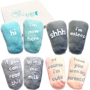 Baby Socks Gift Set - Unique Baby Shower or Newborn Gift - 4 Pairs of Cute Quotes in Gift Box, Various, 0 - 12 months