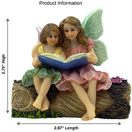 PRETMANNS Fairy Garden Fairies – 2 Sister Fairy Figurines sitting on a Stump Reading a Book – 1 piece – Fairy Garden Supplies - Image 2