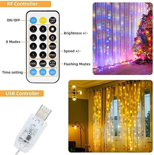 Curtain String Light Window Fairy Light 16 Colour Changing Twinkle Lights, 300 RGB USB Powered Waterproof LED Light with Remote Control & Timer for Valentine's Day Bedroom Wedding Party Christmas - Image 5