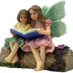 PRETMANNS Fairy Garden Fairies – 2 Sister Fairy Figurines sitting on a Stump Reading a Book – 1 piece – Fairy Garden Supplies