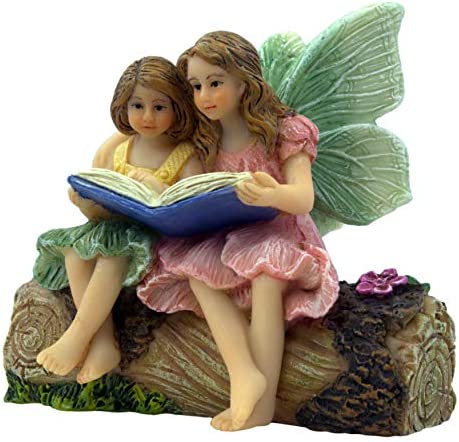 PRETMANNS Fairy Garden Fairies – 2 Sister Fairy Figurines sitting on a Stump Reading a Book – 1 piece – Fairy Garden Supplies