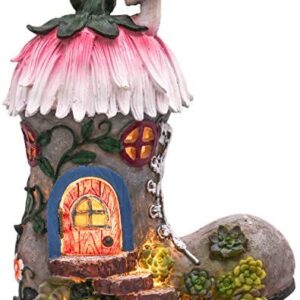 TERESA'S COLLECTIONS Pink Boot Fairy House Garden Ornaments with Solar Powered Lights, Waterproof Resin Garden Statue Outdoor Cottage Figurines for Patio Lawn Yard Decorations, 22.4cm