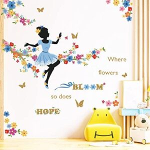 decalmile Flower Fairy on The Tree Branch Wall Stickers Elf Colorful Floral Wall Decals Quotes Girls Bedroom Baby Nursery Wall Decor