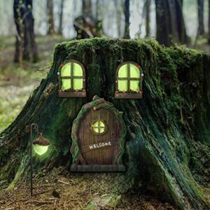 Fairy Gnome Home Window and Door with lamp for Trees Decoration for Trees, Yard Garden Sculpture Decoration