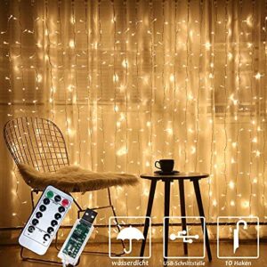 FANSIR 300 LED Curtain String Lights, Upgraded USB Window Fairy Lights 3mx3m 8 Modes Remote Timer Fairy Light Waterproof Copper String Lights for Outdoor Indoor Wedding Bedroom Decoration (Warm White)