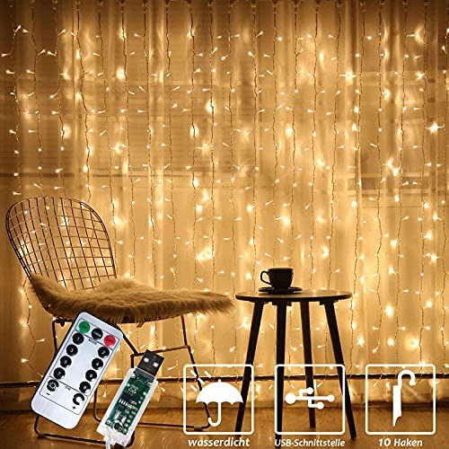 FANSIR 300 LED Curtain String Lights, Upgraded USB Window Fairy Lights 3mx3m 8 Modes Remote Timer Fairy Light Waterproof Copper String Lights for Outdoor Indoor Wedding Bedroom Decoration (Warm White)