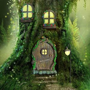 RP Fairy Door Cabin Set of 4 Garden Ornaments Outdoor Decor Home Resin Solar Decoration Accessories Glow In The Dark House Fairies Pixie Gnome Gardening Gifts For Men Women Girls Children Boys Toys