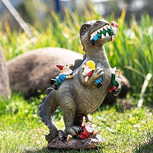 FONDUO The Great Garden Gnome Massacre, Dinosaur Eating Gnomes Garden Ornament, Outdoor Statue for Patio/Lawn/Yard Art Decoration, Housewarming Gift (15 * 8 * 6 CM)