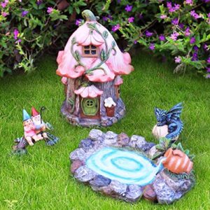 LA JOLIE MUSE Resin Fairy Garden - Miniature Tree Stump Home Fairy House Figurine Set of 4, Festive Outdoor Decor for Patio Yard Lawn, Ornament Gift