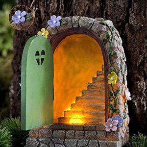 Fairy Door with Steps, Solar Fairy Door Garden Miniatures, Resin Fairy Garden Accessories, Tree Garden Home Decor, Waterproof Garden Glow Ornaments, 11×7×15cm