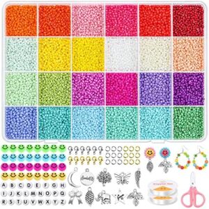 Thrilez Glass Seed Beads with Smile Beads, 24 Colors Seed Beads for Jewellery Making with Letter Beads Charm Pendants Jump Rings, 2mm Seed Beads Starter Kit for Bracelets Necklaces Jewellery DIY Craft