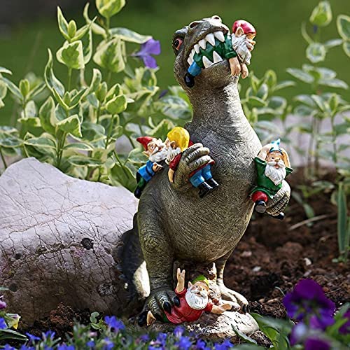 FONDUO The Great Garden Gnome Massacre, Dinosaur Eating Gnomes Garden Ornament, Outdoor Statue for Patio/Lawn/Yard Art Decoration, Housewarming Gift (15 * 8 * 6 CM) - Image 4