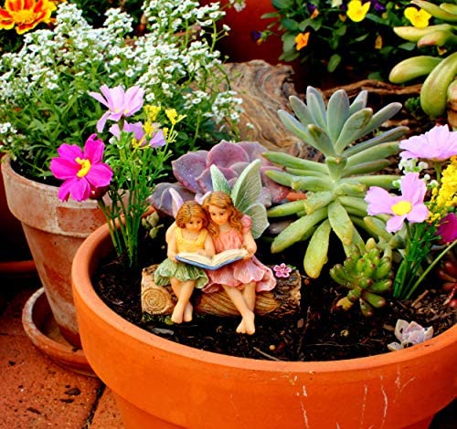 PRETMANNS Fairy Garden Fairies – 2 Sister Fairy Figurines sitting on a Stump Reading a Book – 1 piece – Fairy Garden Supplies - Image 5