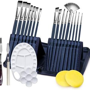 Aibesser Paint Brush, Paint Brushes for Art, 21 pcs Paint Brush Set with Pop-up Carrying Case, Acrylic Paint Sets with 2 Palette Knife and 2 Sponges, Painting Brush Set for Oil Watercolor Gouache