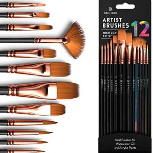 Professional Paint Brush Set of 12 - Artist Paintbrush Kit for Canvas, Gouache, and Fabric - Art Set for Kids and Adults - Supplies for Water, Oil, and Acrylic Painting – For Professionals & Beginners