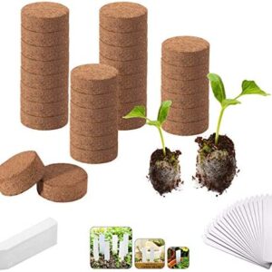 30Pcs 50mm Compressed Coco Coir Fiber Potting Soil - Expanding Organic Pellet Fiber Soil Indoor Seed Starter Kit for Planter Pot Herb Flower Vegetables, Peat Soil Pellets Seeds with 50Pcs Plant Labels