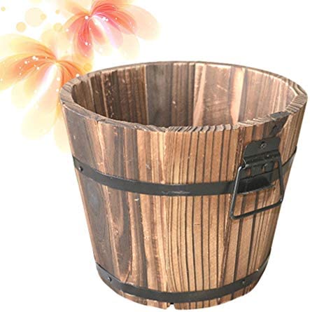 Yardwe Wooden Flower Pots Whiskey Barrel Planter Round Garden Flower Pot Large Plant Pot for Indoor Outdoor Home Garden Patio (Brown) 19x14x15cm - Image 6