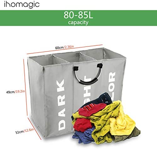 IHOMAGIC 3 Sections Large Laundry Hamper, Laundry Bag Collapsible, Foldable Washing Clothes Sorter, Storage Bag with Carry Handles, Dirty Clothes Bag for Bathroom Bedroom. L60*W32*H49cm (Light Grey) - Image 2