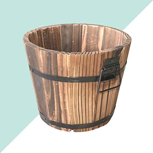 Yardwe Wooden Flower Pots Whiskey Barrel Planter Round Garden Flower Pot Large Plant Pot for Indoor Outdoor Home Garden Patio (Brown) 19x14x15cm - Image 3