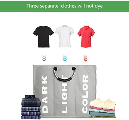 IHOMAGIC 3 Sections Large Laundry Hamper, Laundry Bag Collapsible, Foldable Washing Clothes Sorter, Storage Bag with Carry Handles, Dirty Clothes Bag for Bathroom Bedroom. L60*W32*H49cm (Light Grey) - Image 5