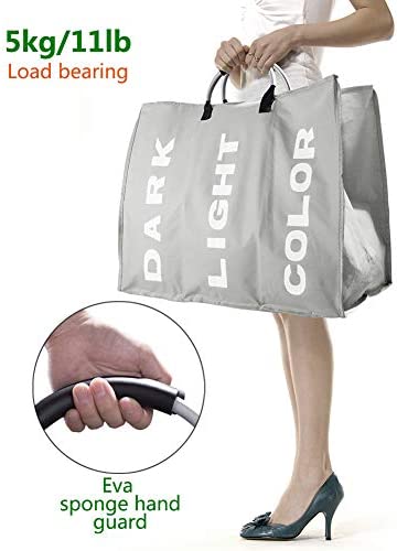 IHOMAGIC 3 Sections Large Laundry Hamper, Laundry Bag Collapsible, Foldable Washing Clothes Sorter, Storage Bag with Carry Handles, Dirty Clothes Bag for Bathroom Bedroom. L60*W32*H49cm (Light Grey) - Image 6